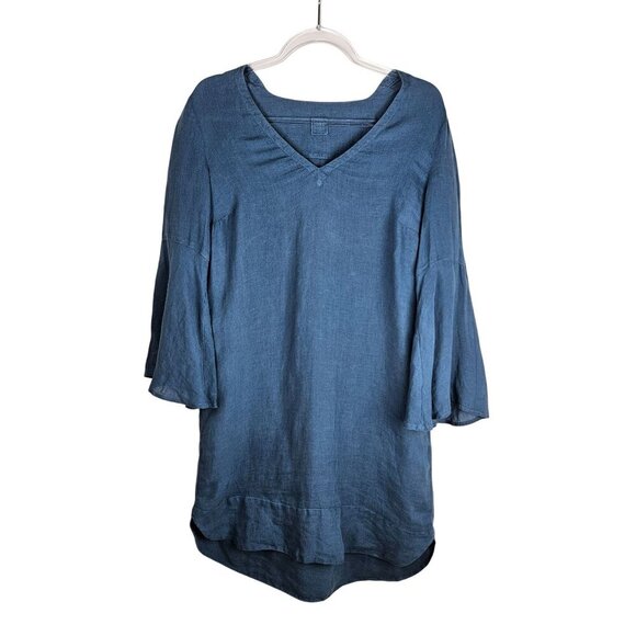 120% Lino Linen Dress Sz 38 XS Blue Tunic Bell Sleeves Lagenlook - Picture 2 of 10